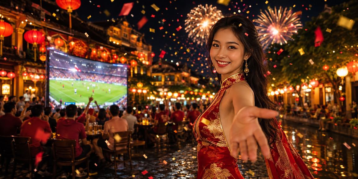 Người dùng đặt cược bóng đá buổi tối tại khu phố đèn lồng Hội An trên điện thoại di động